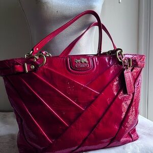Coach  Madison  Lindsey Diagonal Glossy Red Patent Leather Shoulder Bag. COACH
